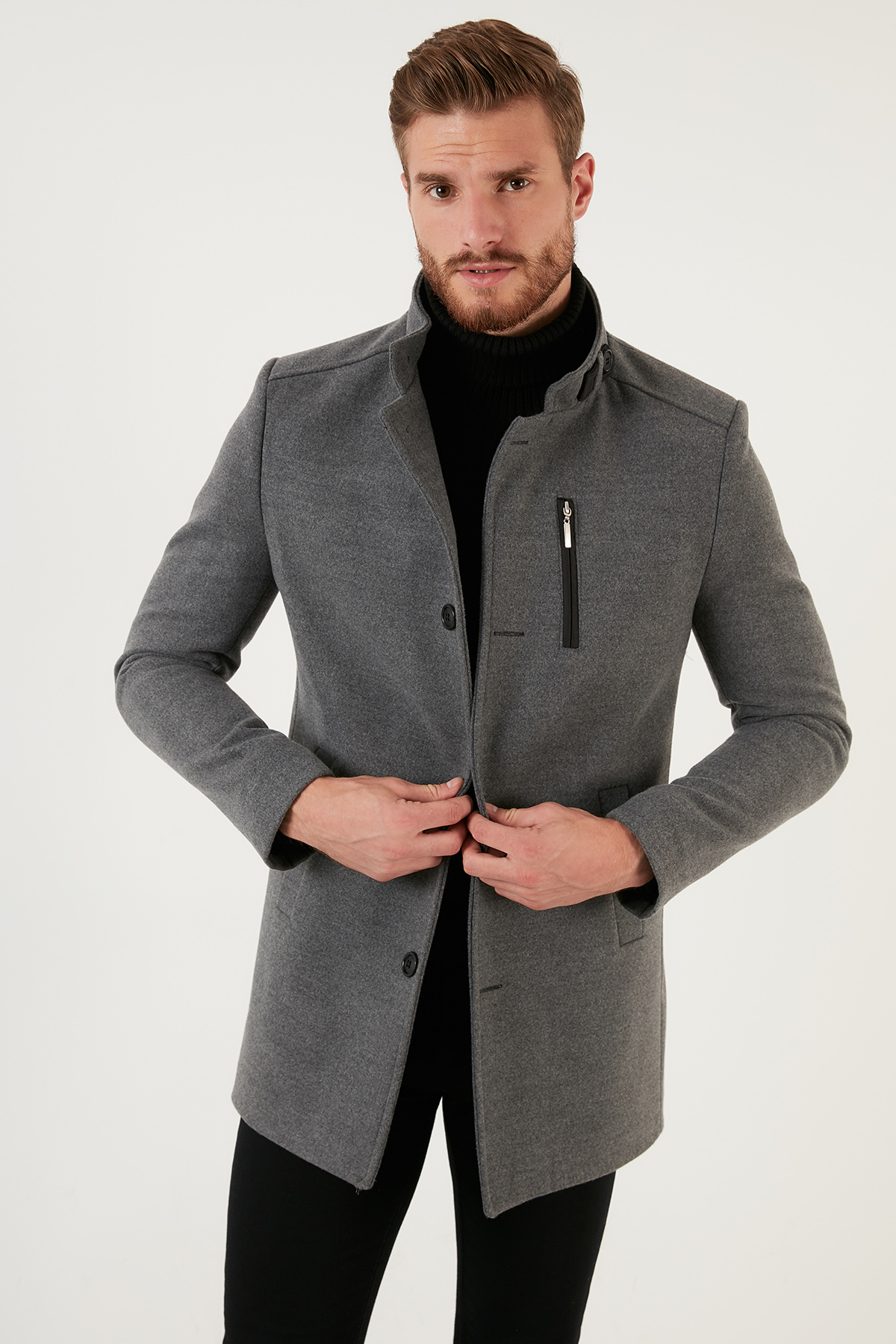 Buratti Relaxed Fit Düğmeli Dik Yaka Kaşe Kaban Erkek KABAN 5840099 görsel 2