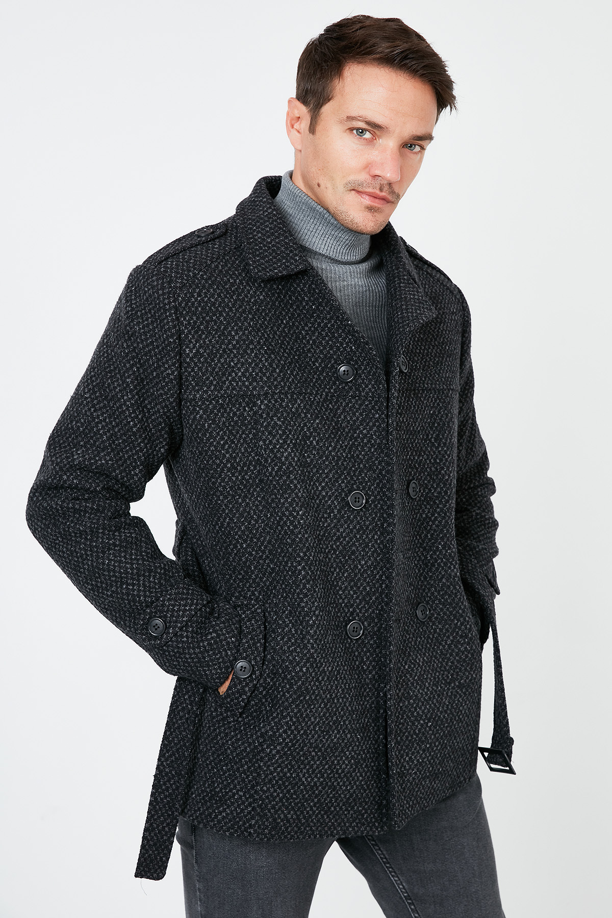 Slim Fit Cepli Pamuklu Kaşe Kaban Erkek Kaban 5841015 — مشکی — تصویر 4 از 6