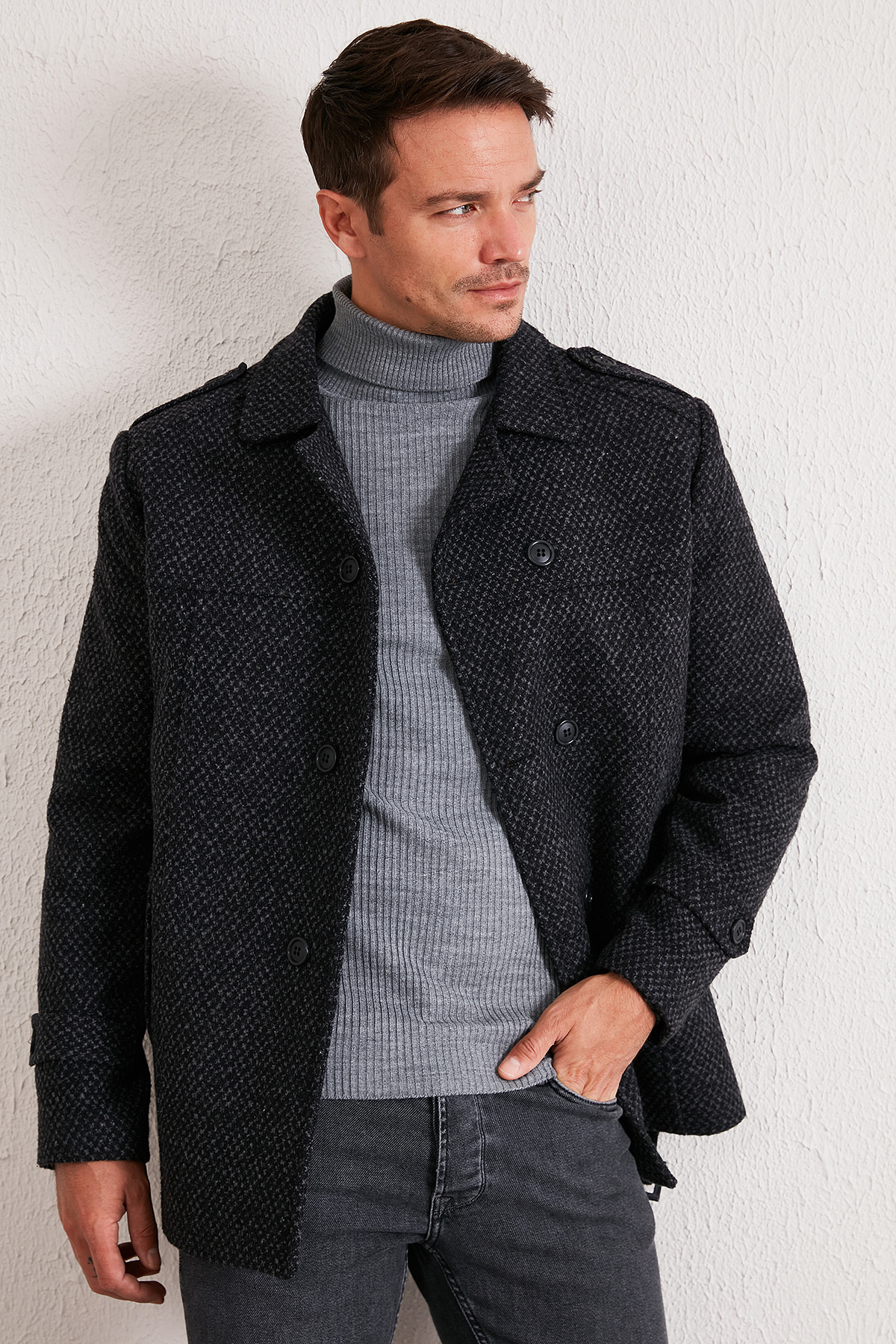 Slim Fit Cepli Pamuklu Kaşe Kaban Erkek Kaban 5841015 — مشکی — تصویر 2 از 6