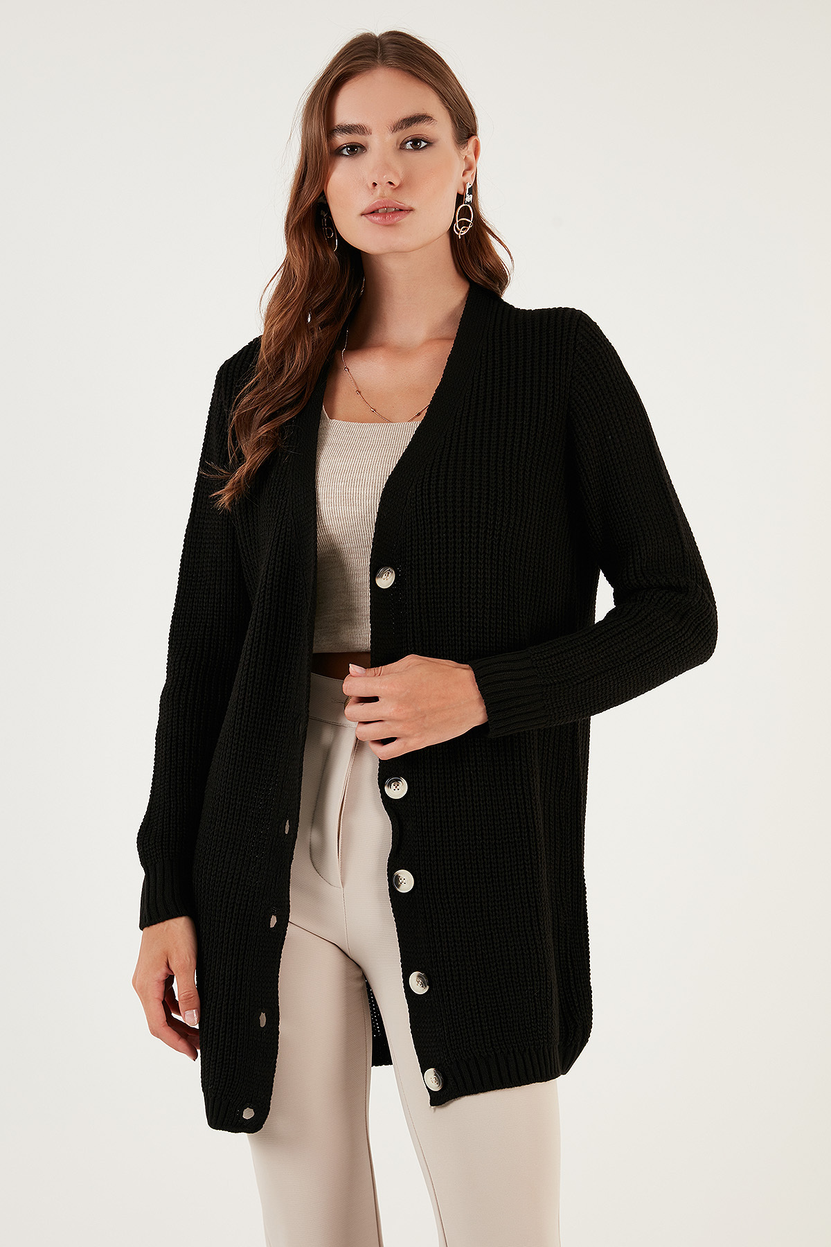 Lela % 100 Akrilik Triko Örme Uzun Hırka Hırka 4615044 görsel 4