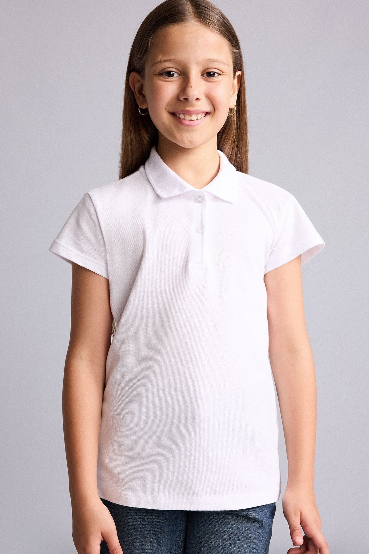 %100 Pamuk Regular Fıt Basic Kısa Kollu Polo Beyaz Tişört Kız Çocuk I0427A620AU