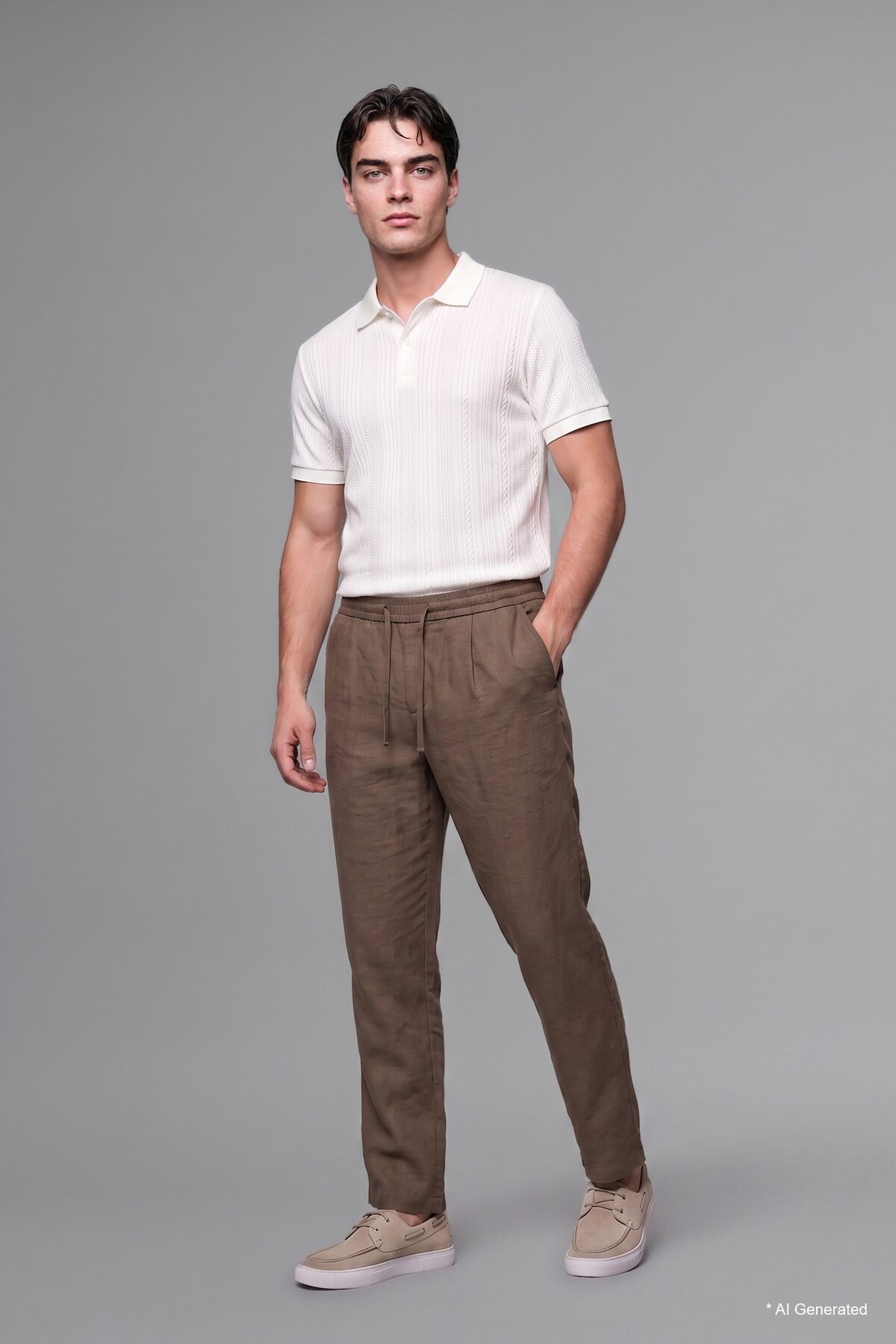 Defacto Breathable Straight Fit Flat Cut Elastic Lace-Up Waist Khaki Trousers G8194Ax26Sm