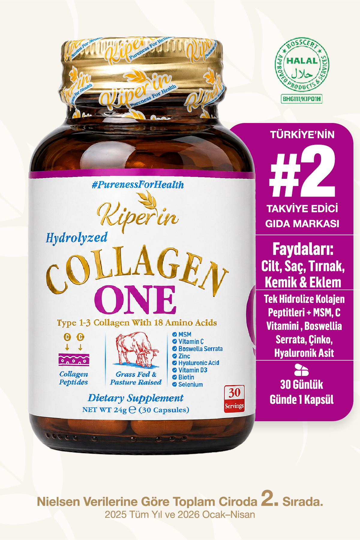 Kiperin One | Tek Hidrolize Kolajen Peptitler | MSM, Biotin, Hyaluronik Asit,...