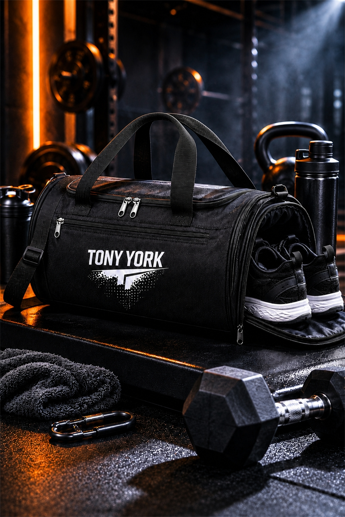 Tony York Unisex Geniş Hacimli Konfor Modeli Ayakkabı Bölmeli Önü Cepli Su Geçirmez 3 Gözlü Ayarlanabilir ve Çıkarılabilir Omuz Askılı Gym Seyahat Antrenman Fitness El ve Omuzda Kullanım Siyah Spor Çantası