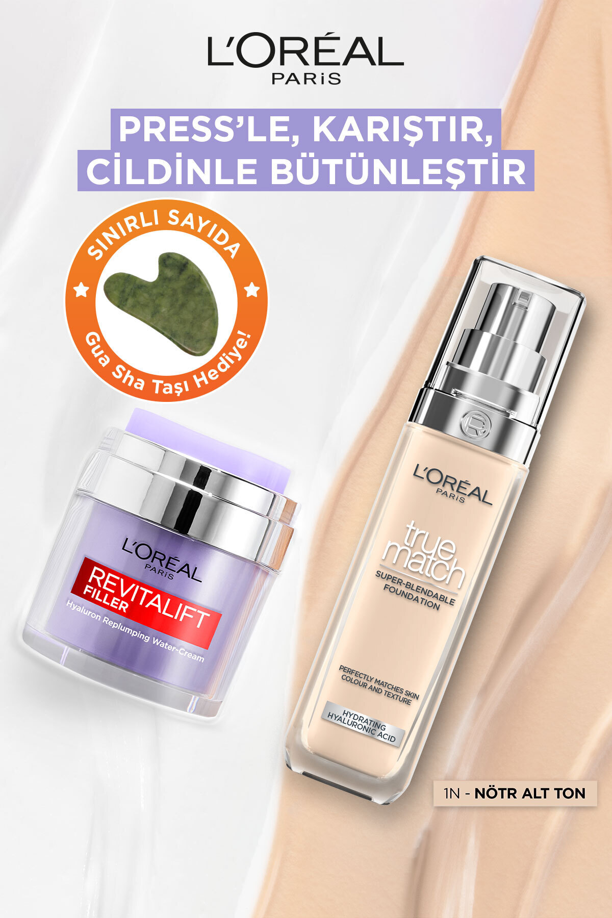 L'Oreal Paris Revitalift Filler Pressed Jar Nemlendirici Krem + True Match Bakım Yapan Fondöten 1N Ivory
