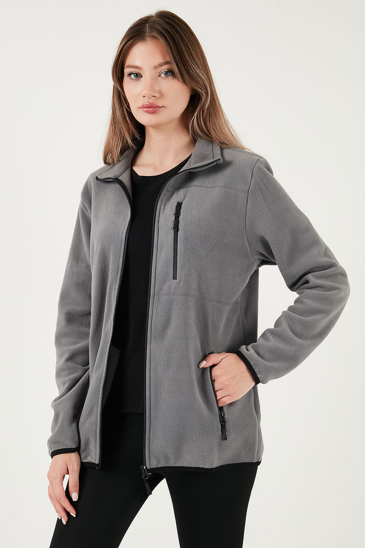 Slim Fit Pocketed Pocketed Pocketed Anti-pilling Cardigan Fleece Resistant Cold-resistant Unisex HI — خاکستری 5906028S1 — تصویر 4 از 5