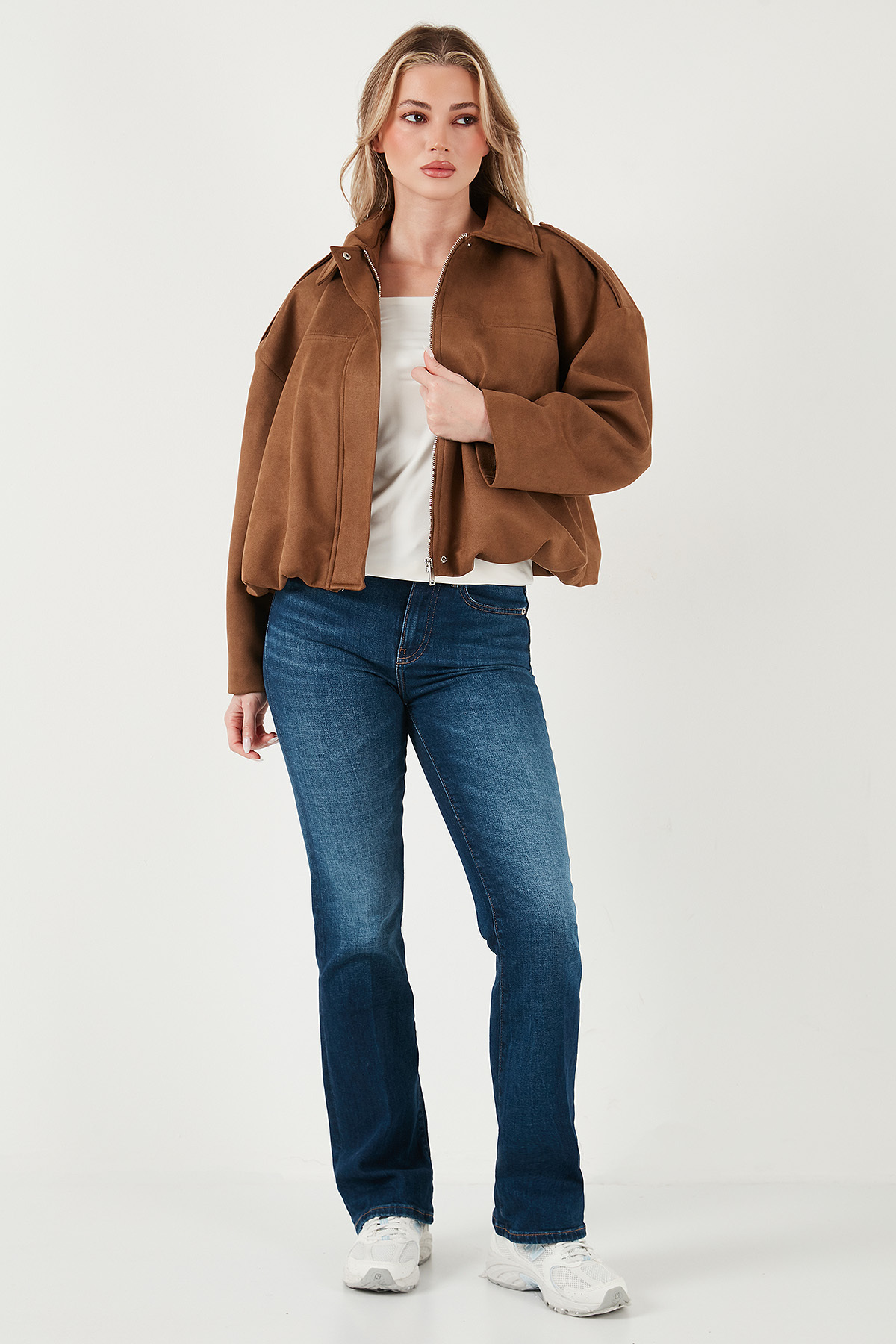 Lela Oversize Fit Klasik Yaka Süet Dokulu Bomber Ceket Mont MONT 6524932 görsel 2