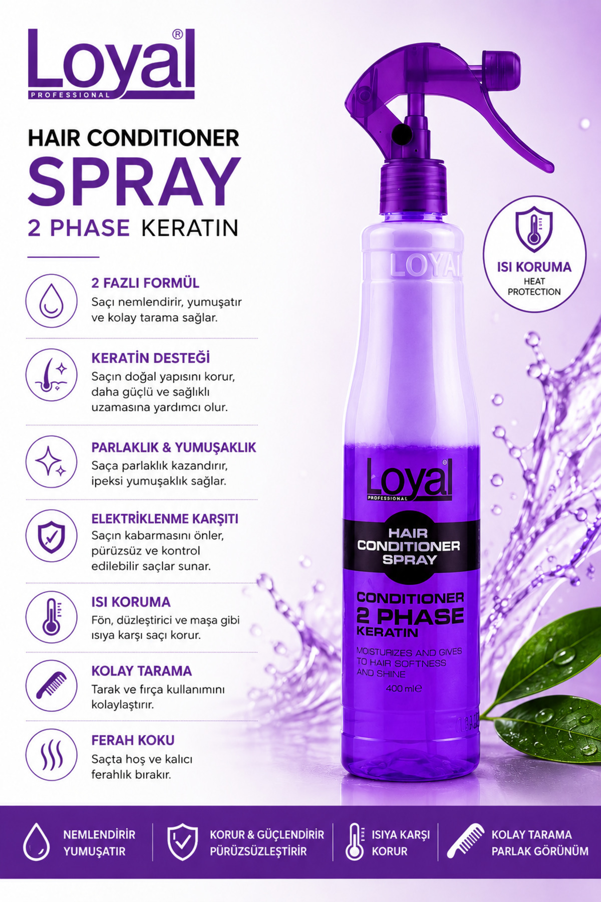 Loyal Isı Koruyucu Fön Suyu Çift Fazlı Elektriklenme Karşıtı Saç Spreyi Keratin — LYLFN02