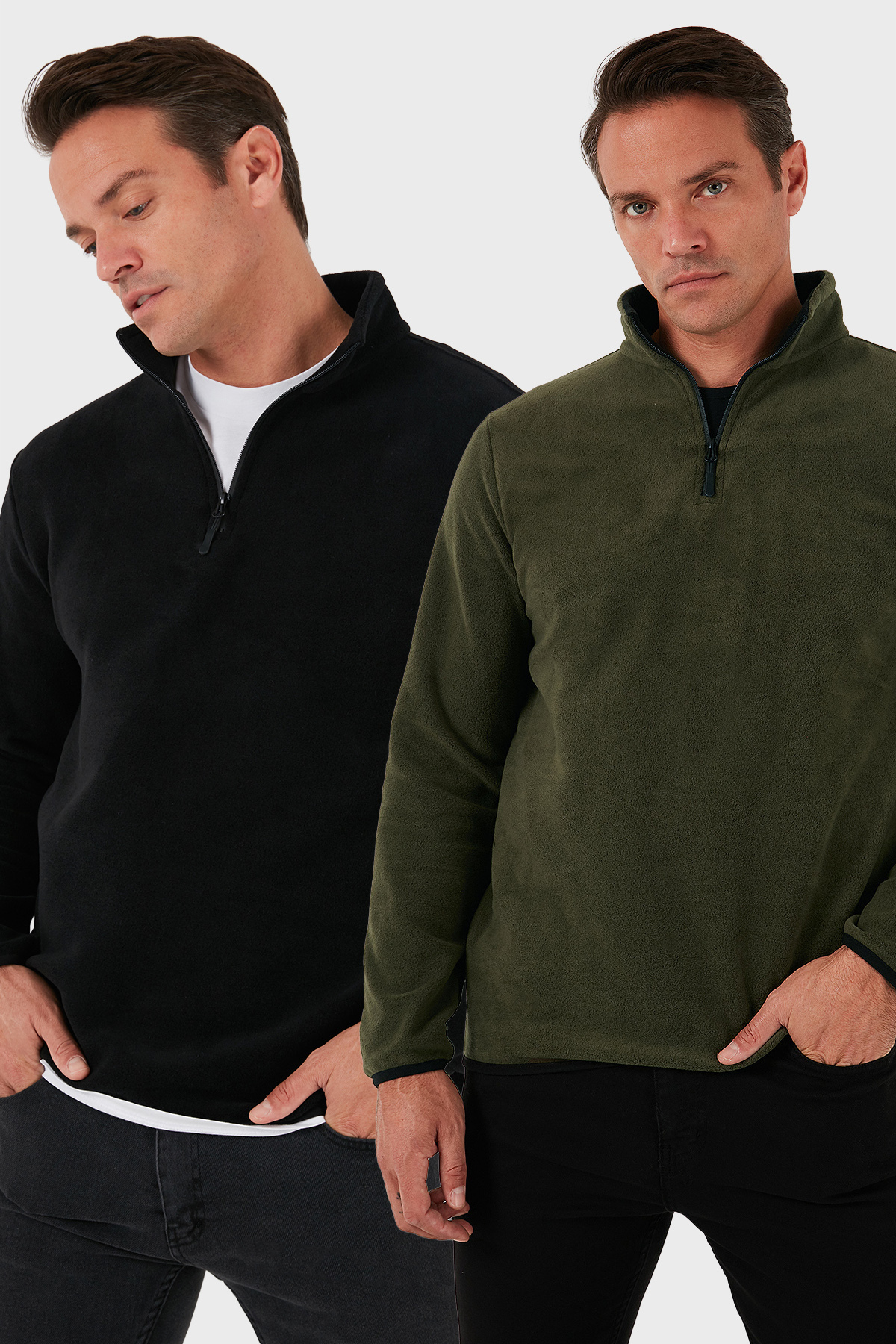 Slim Fit Yarım Fermuarlı Dik Yaka Soğuk Geçirmez 2'li Paket Polar Erkek POLAR 5906003S2 — رنگارنگ