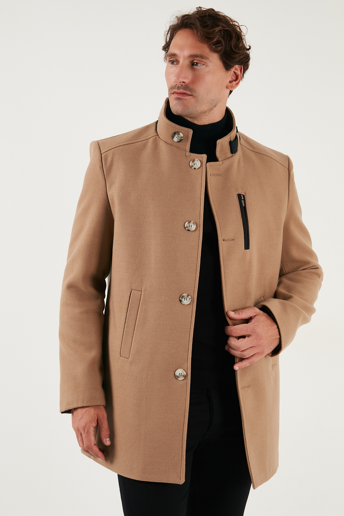 Relaxed Fit Düğmeli Dik Yaka Kaşe Kaban Erkek KABAN 5840099 — قهوه‌ای — تصویر 4 از 7