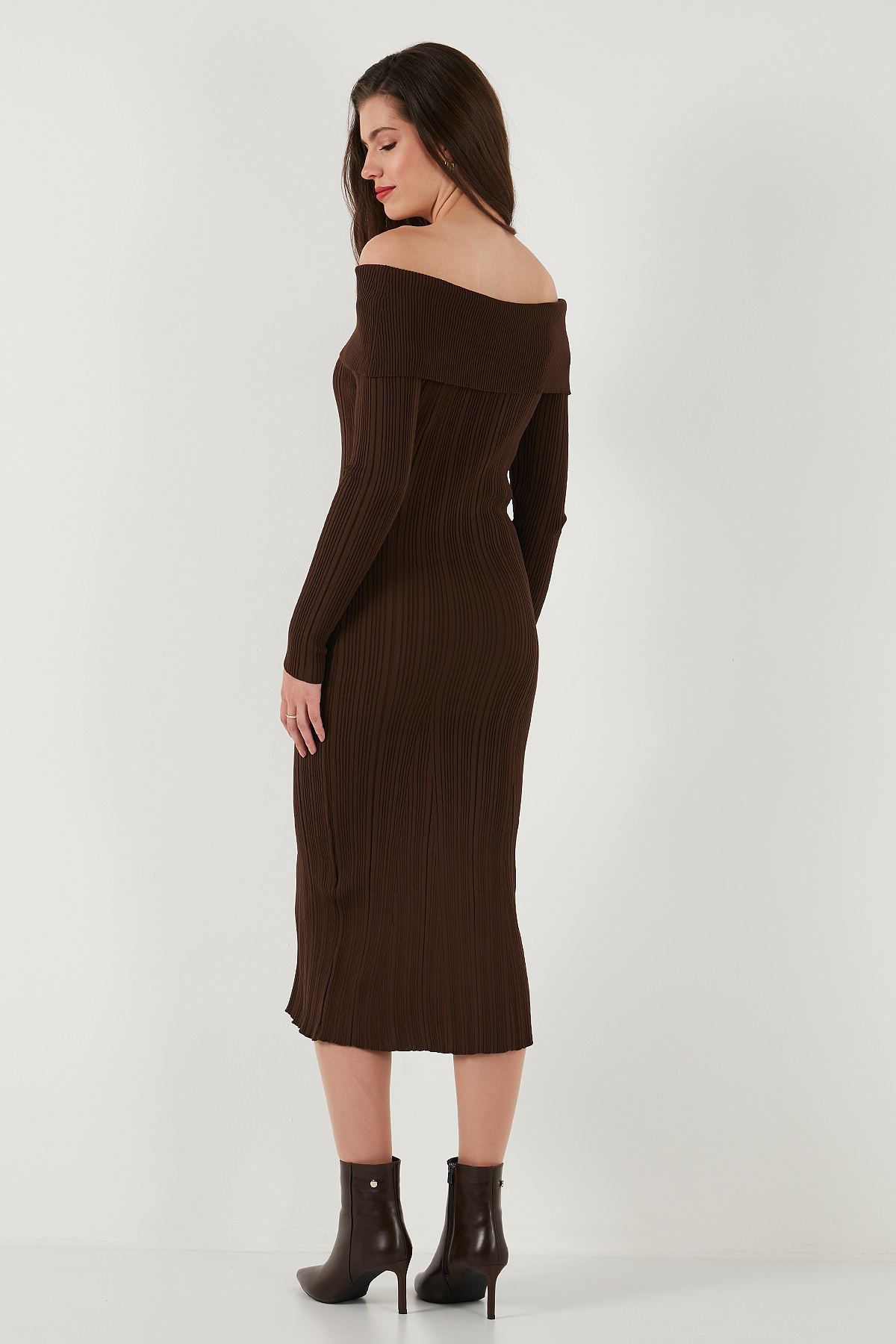Lela Premium Fitilli Carmen Yaka Slim Fit Midi Boy Triko Elbise ELBİSE 680EL00033 görsel 7