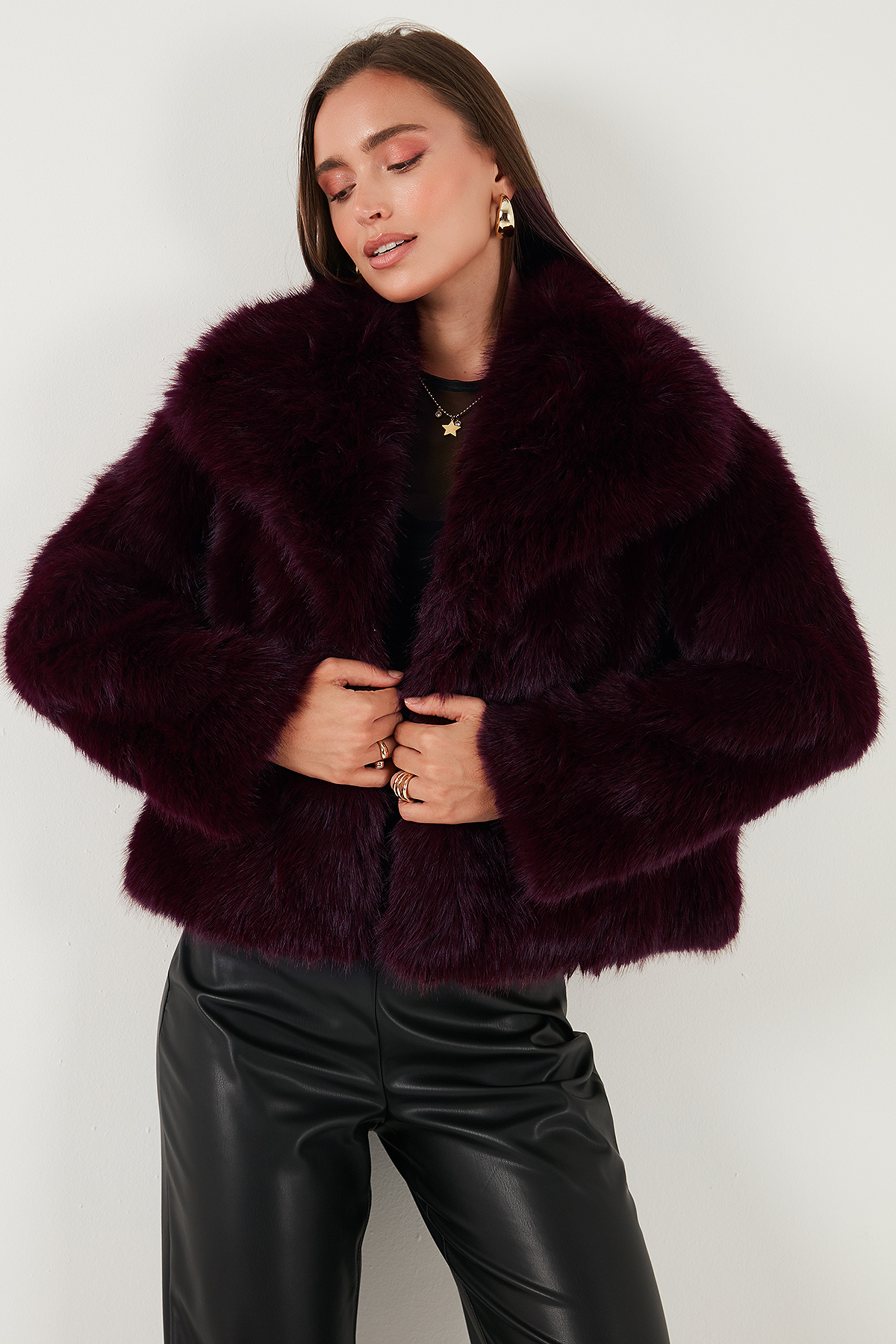 Lela Oversize Fit Gömlek Yaka Cepli Astarlı Kürk Mont KÜRK 497BERRY görsel 5