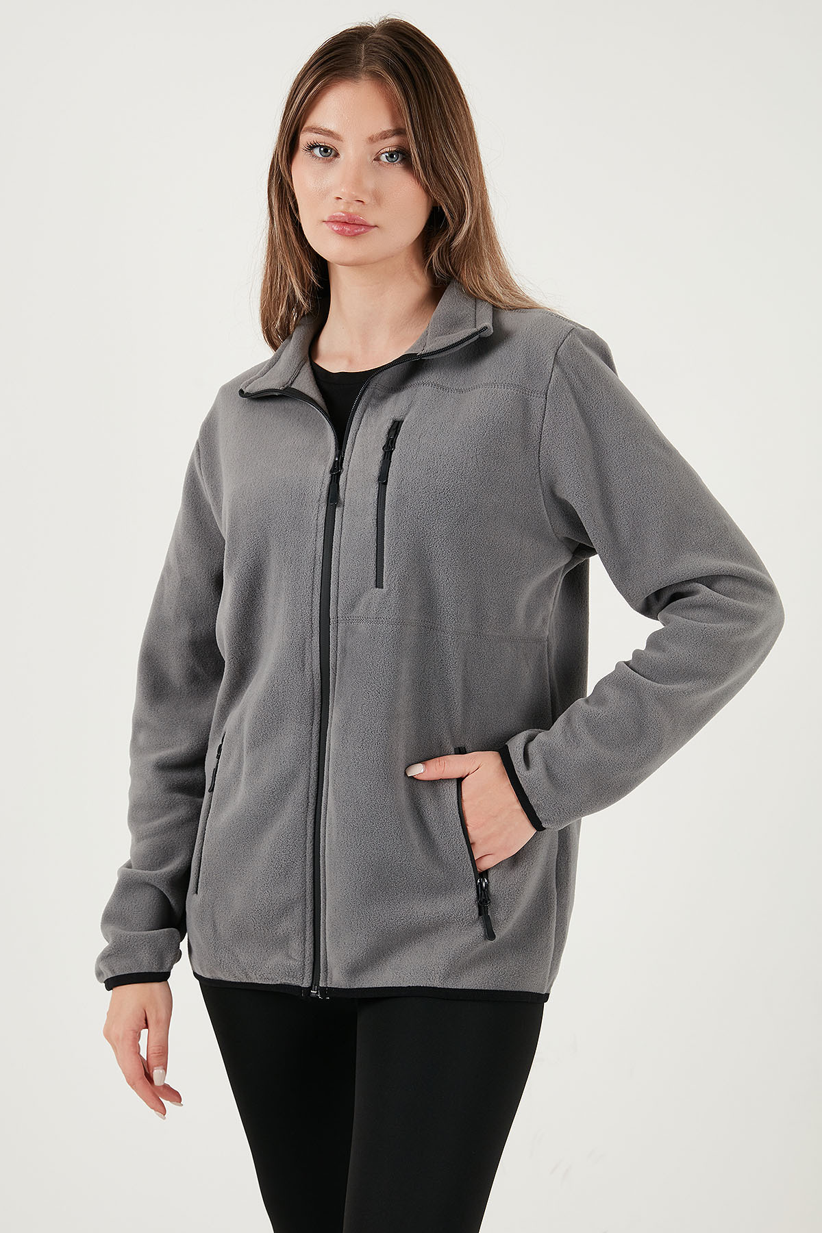 Slim Fit Pocketed Pocketed Pocketed Anti-pilling Cardigan Fleece Resistant Cold-resistant Unisex HI — خاکستری 5906028S1 — تصویر 3 از 5