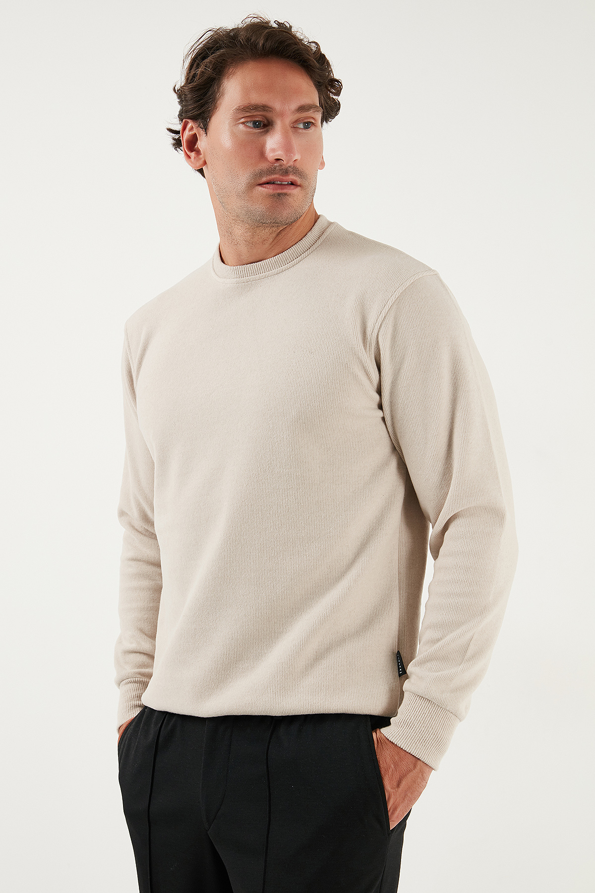 Slim Fit Bisiklet Yaka Pamuklu Kazak Erkek KAZAK 456201 — بژ — تصویر 4 از 5