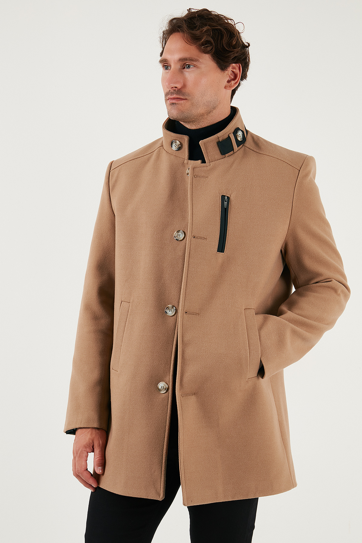 Relaxed Fit Düğmeli Dik Yaka Kaşe Kaban Erkek KABAN 5840099 — قهوه‌ای — تصویر 3 از 7