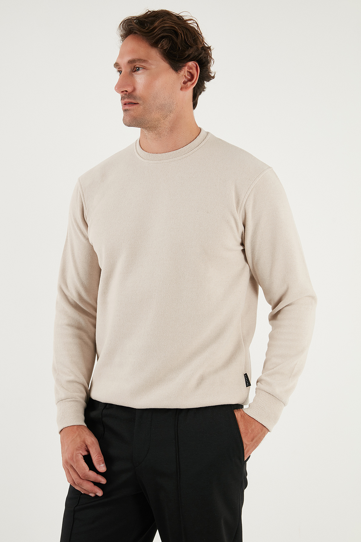 Slim Fit Bisiklet Yaka Pamuklu Kazak Erkek KAZAK 456201 — بژ — تصویر 5 از 5