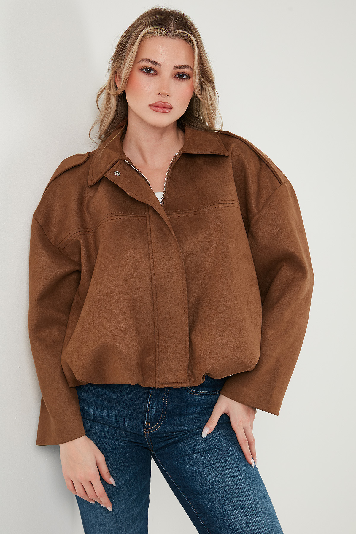 Lela Oversize Fit Klasik Yaka Süet Dokulu Bomber Ceket Mont MONT 6524932 görsel 5