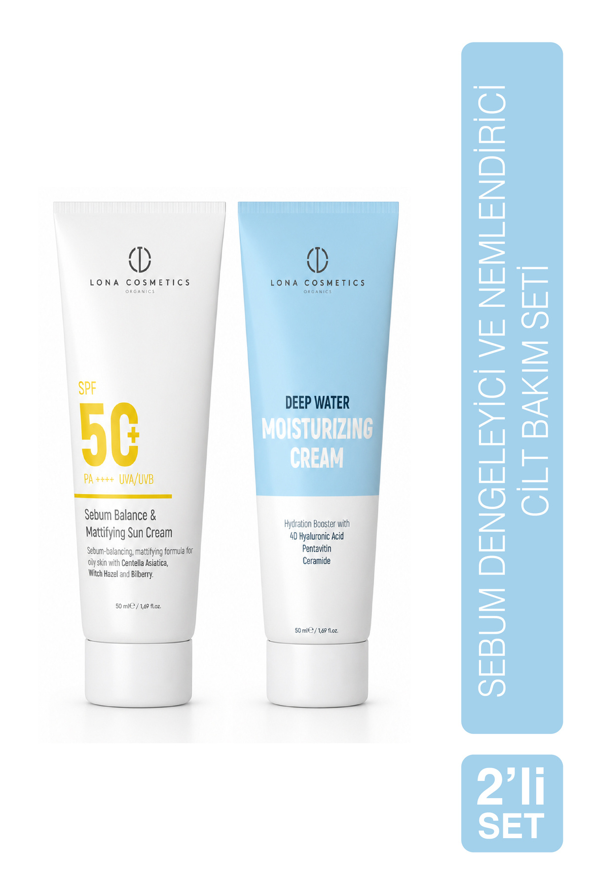 Lona Cosmetics Sebum Dengeleyici Ve Nemlendirici Cilt Bakım Seti: Yoğun Nemlendirici Bakım Kremi & Matlaştırıcı Güneş Kremi SPF 50 — LONA-008