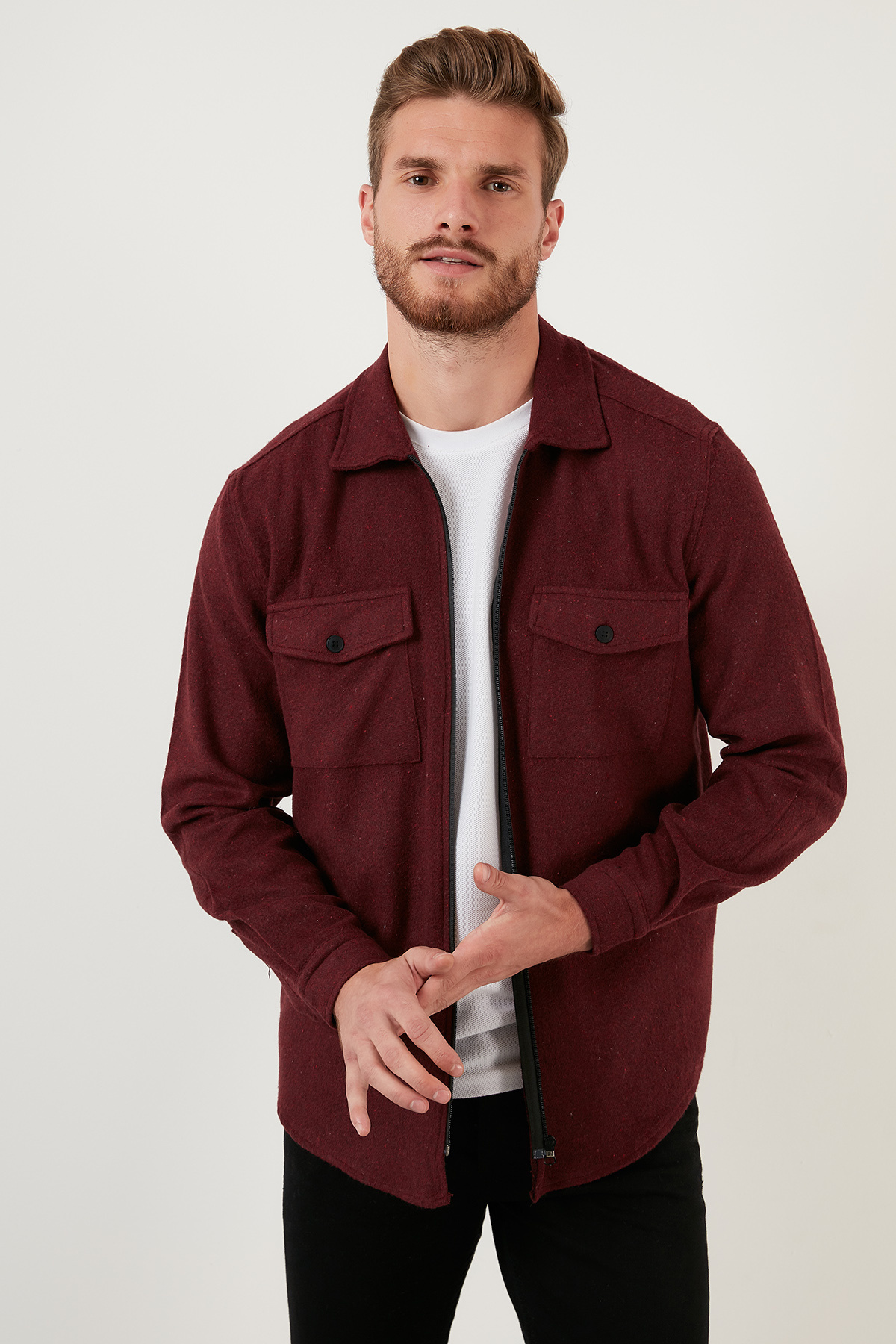 Çift Cepli Fermuarlı Slim Fit Kışlık Gömle Erkek Gömlek Cf21w112925 — زرشکی CF21W112925 — تصویر 3 از 7