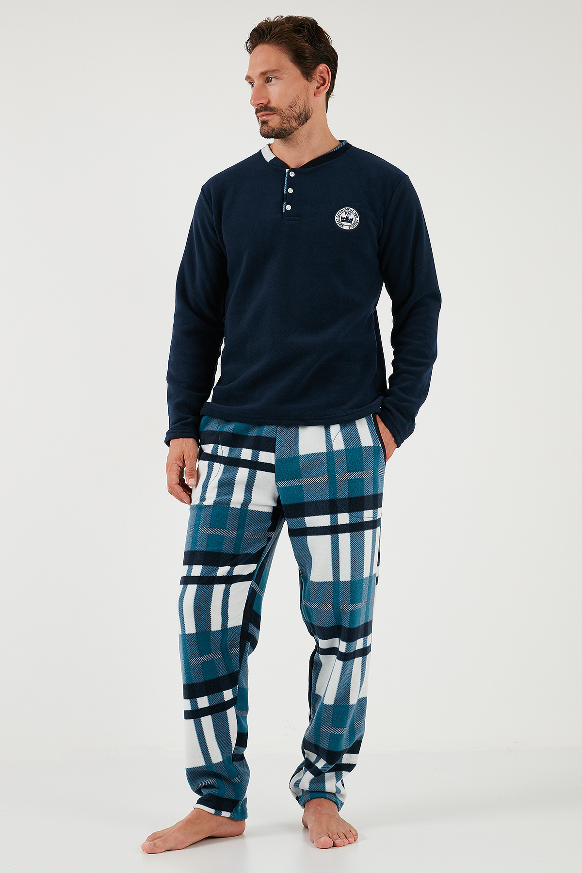 Buratti Ekoseli Regular Fit Düğmeli Bisiklet Yaka Kışlık Polar Pijama Takımı Erkek PİJAMA TAKIMI 609 görsel 4