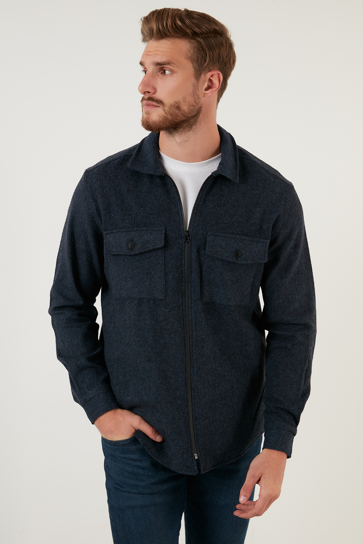 Buratti Erkek Lacivert Çift Cepli Fermuarlı Slim Fit Kışlık Gömlek Cf21w112925 görsel 6