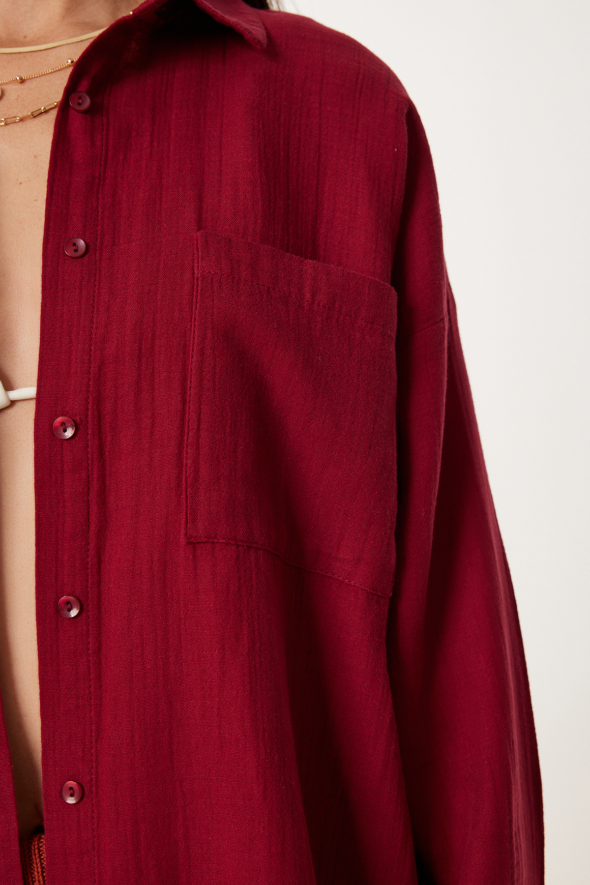 Lovelyİstanbul Oversize Basic Müslin Gömlek BORDO LMX0002 görsel 5