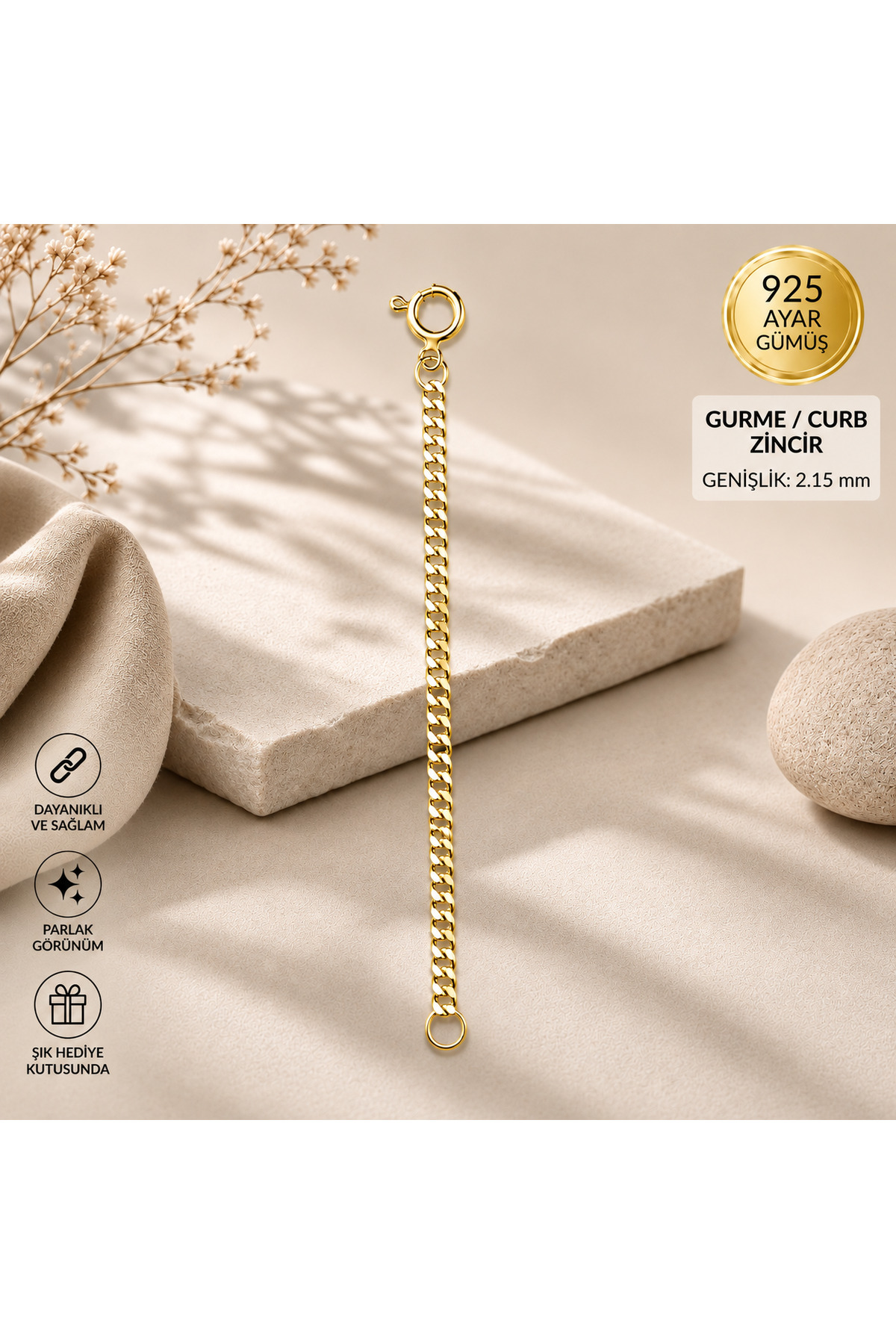TAKI USTASI Gurme Curb Uzatma Zinciri Gold, 925 Ayar Gümüş 2,15 mm Kolye Bileklik Halhal Uzatma Aparatı görsel 2