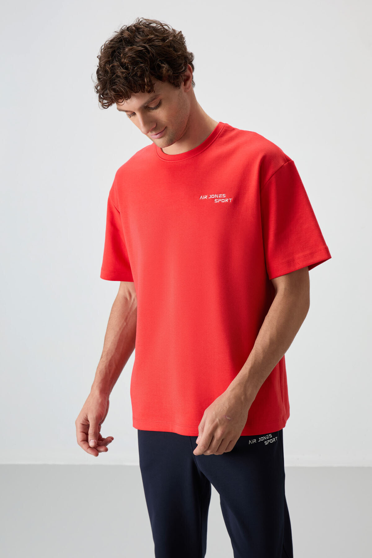 Fiesta - Lacivert Pamuklu Kalın Yumuşak Dokulu Oversize Fit Nakışlı Erkek Eşofman Takım - 85252 — قرمز A15ER-85252 — تصویر 7 از 9