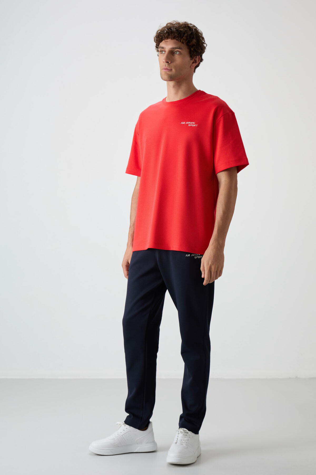 Fiesta - Lacivert Pamuklu Kalın Yumuşak Dokulu Oversize Fit Nakışlı Erkek Eşofman Takım - 85252 — قرمز A15ER-85252 — تصویر 8 از 9