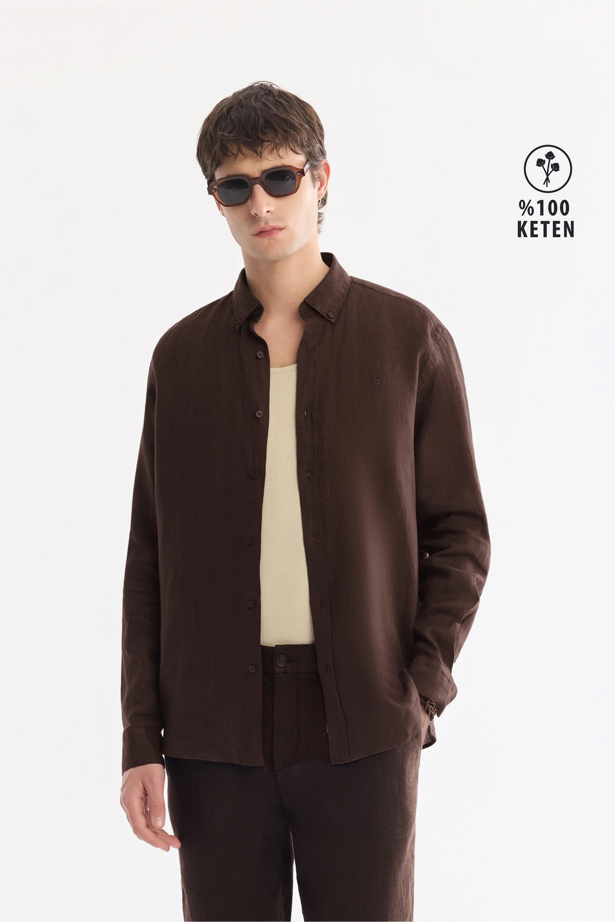 Avva Men's Brown Button-Down Collar 100% Linen Comfort Fit Shirt B002191