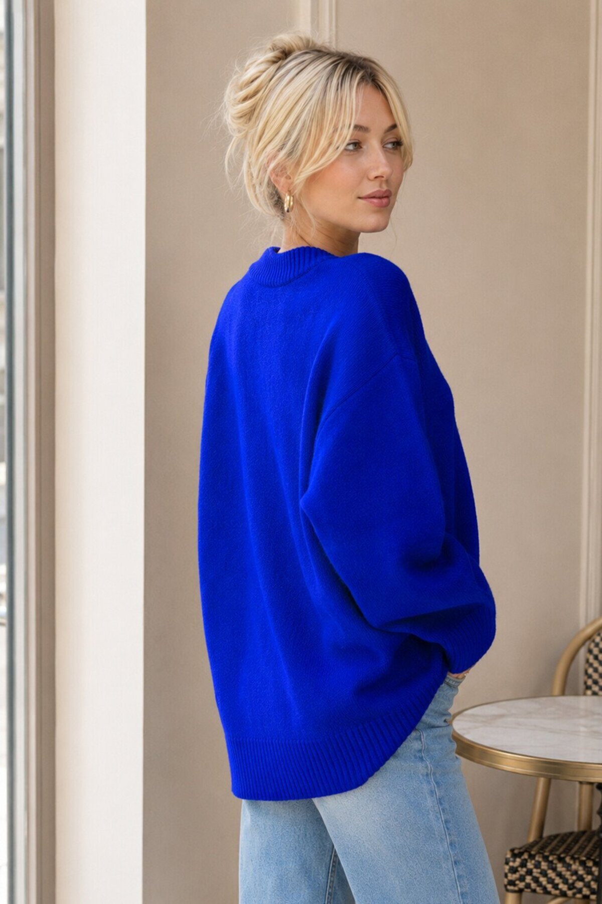 Abruzzo Saks Mavi Bisiklet Yaka Oversize Kadın Triko Kazak görsel 2