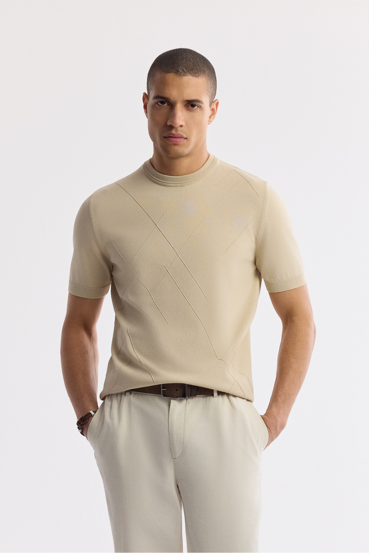 Avva Men's Beige Crew Neck Rayon Knitwear Regular Fit T-Shirt A51Y5003