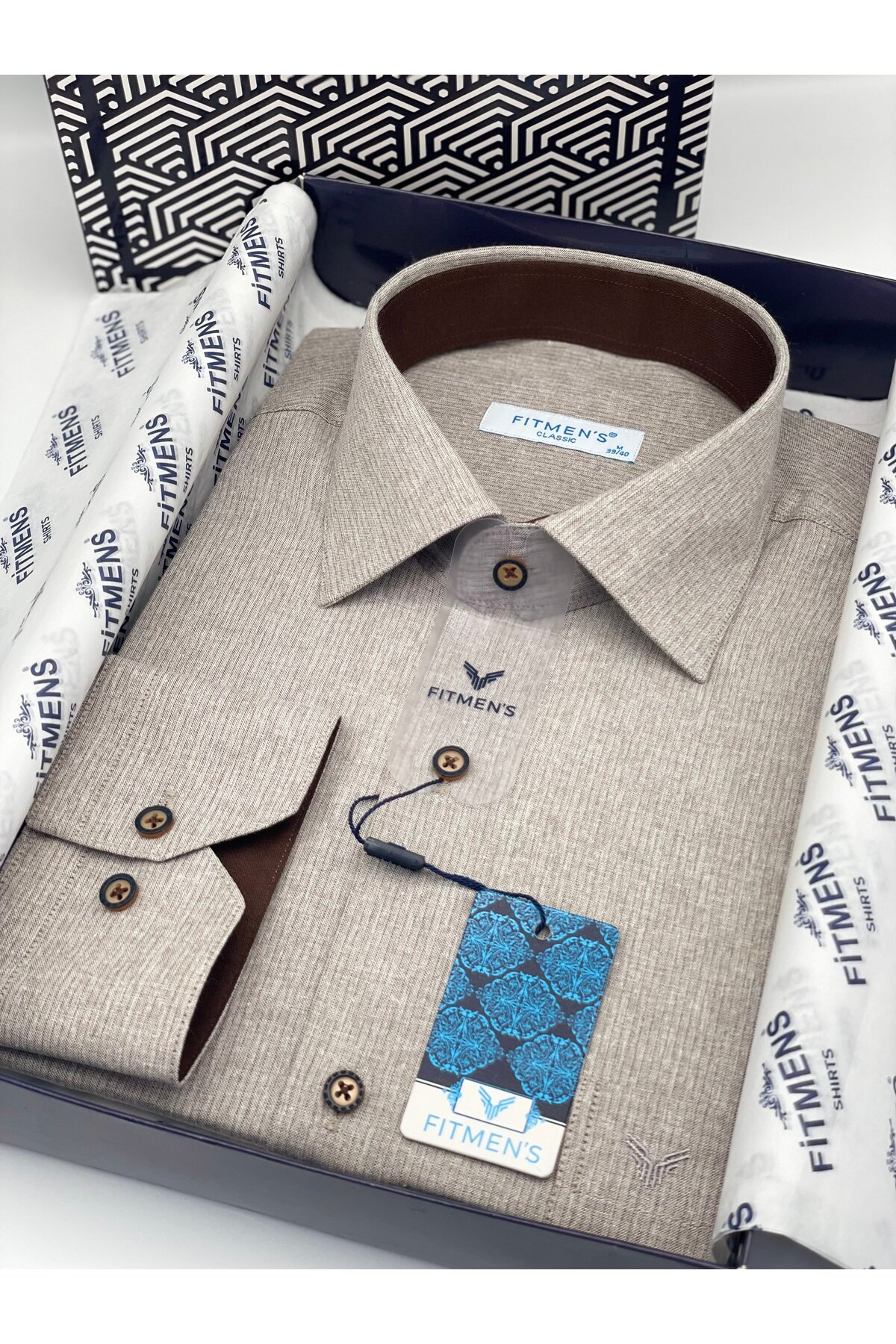 Klasik Uzun Kol Keten Cotton Hediye Kutulu Erkek Gömlek FS-001261 - Bej — بژ — تصویر 6 از 9