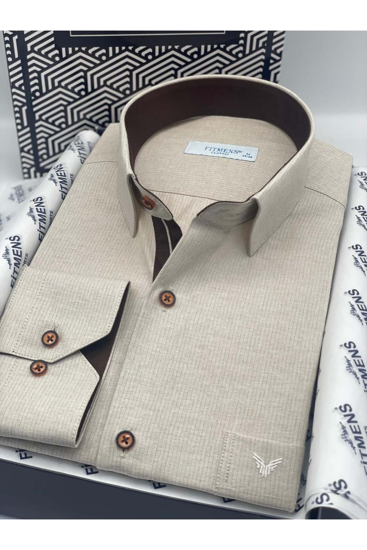 پیراهن مردانه کلاسیک آستین بلند کتان نخی با جعبه کادویی FS-001261 ​​​​- بژ روشن — سبز — تصویر 2 از 3