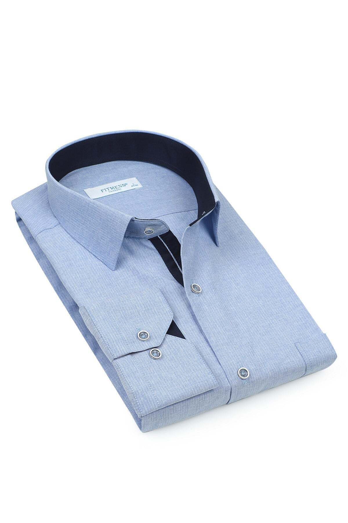 Klasik Uzun Kol Keten Cotton Hediye Kutulu Erkek Gömlek FS-001261 - Mavi — آبی — تصویر 6 از 6