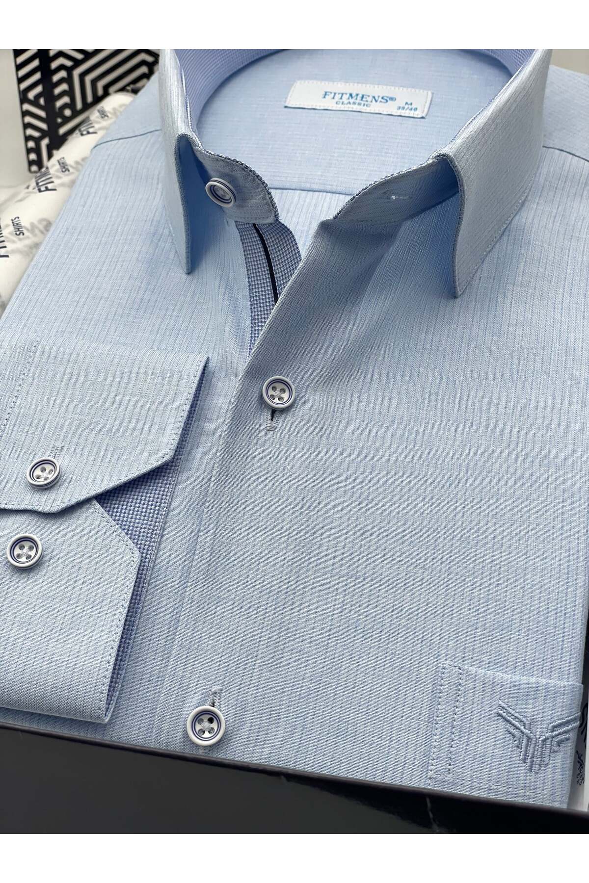 Klasik Uzun Kol Keten Cotton Hediye Kutulu Erkek Gömlek FS-001261 - Açık Mavi — آبی — تصویر 4 از 6