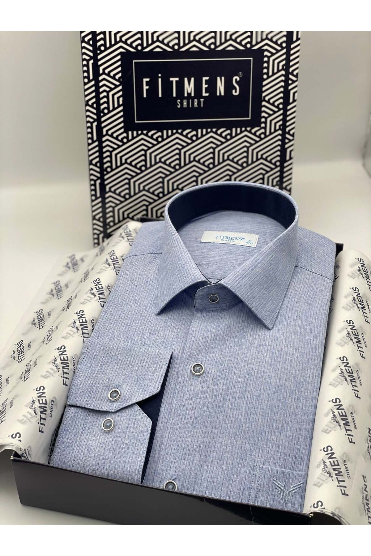 Klasik Uzun Kol Keten Cotton Hediye Kutulu Erkek Gömlek FS-001261 - Mavi — آبی — تصویر 3 از 6