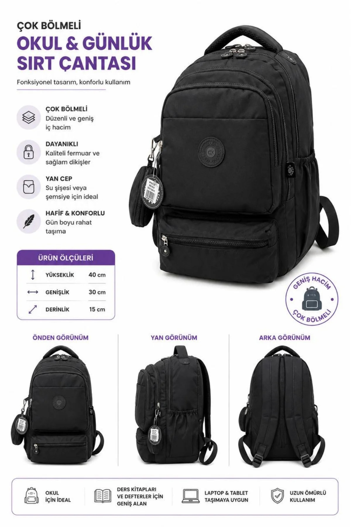 Bliss Unisex Krinkıl Sırt Çantası Su Geçirmez Kumaş Büyük Boy Okul & Günlük Çanta görsel 5