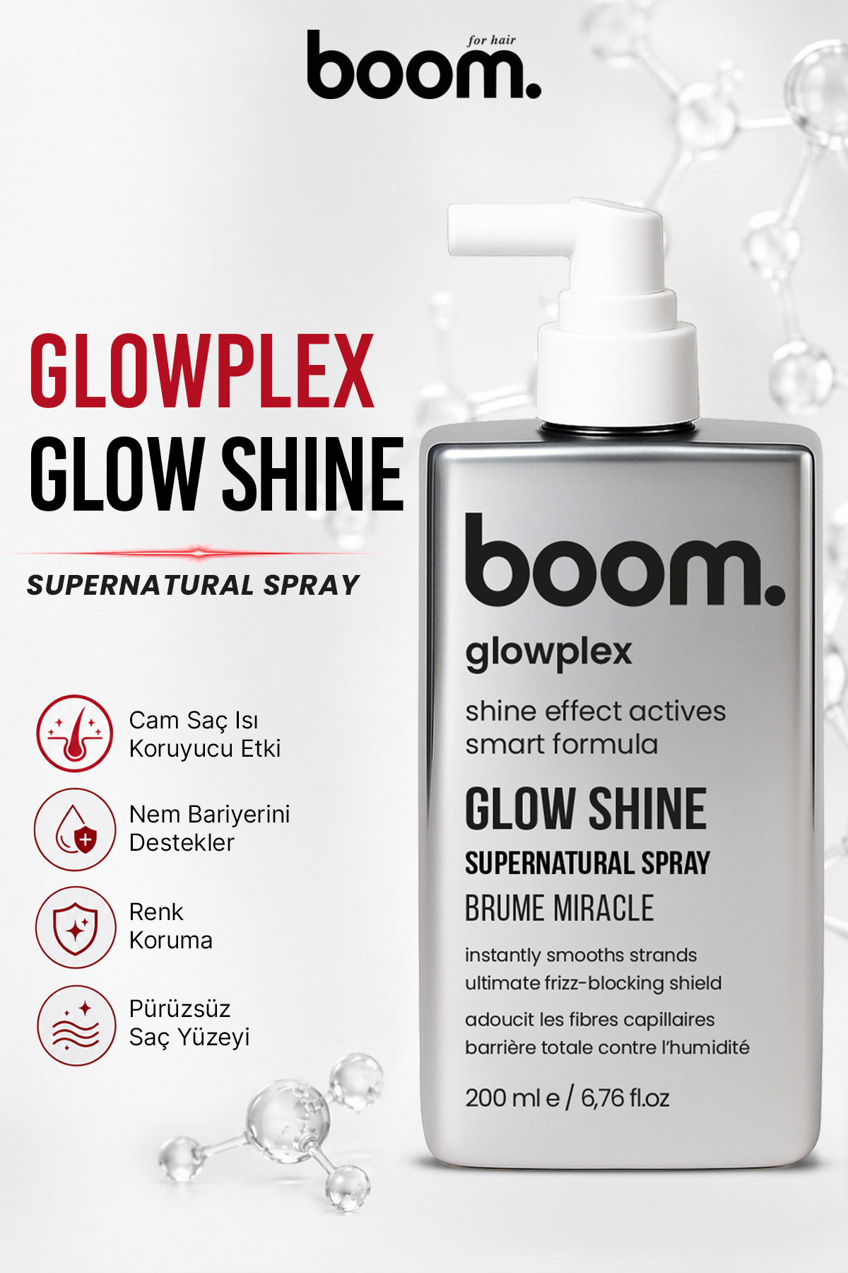 BOOM Glow Shine Ultra Parlaklık, Kolay Tarama ve Pürüzsüzlük Spreyi — FP.30.04.076.001