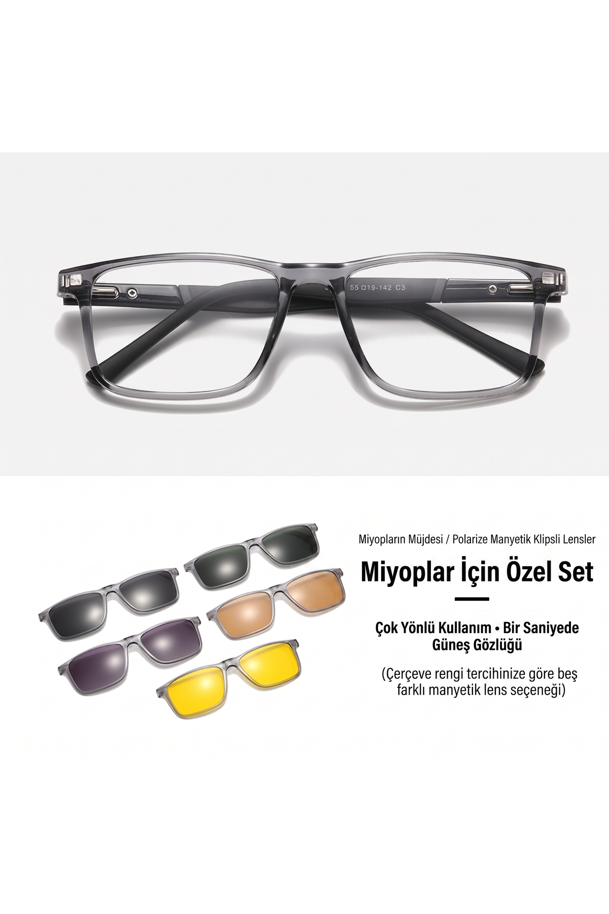 FIVIONT 5+1 Manyetik Klipsli Polarize Gözlük Seti, Şeffaf Gri Dikdörtgen Optik Çerçeve, 5 Değiştirilebilir Renkli Güneş Klipsi, Unisex görsel 3
