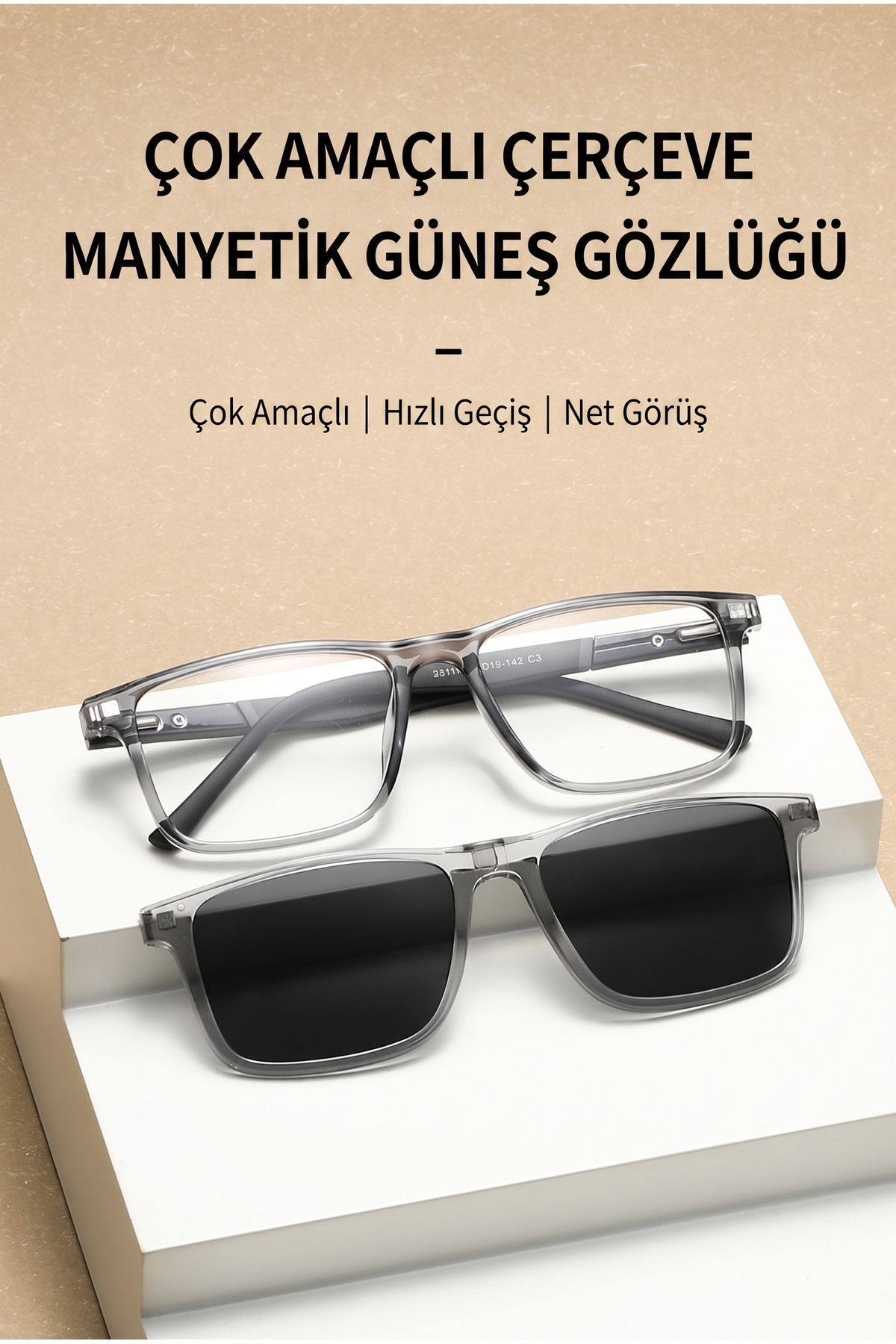 FIVIONT 5+1 Manyetik Klipsli Polarize Gözlük Seti, Şeffaf Gri Dikdörtgen Optik Çerçeve, 5 Değiştirilebilir Renkli Güneş Klipsi, Unisex görsel 5