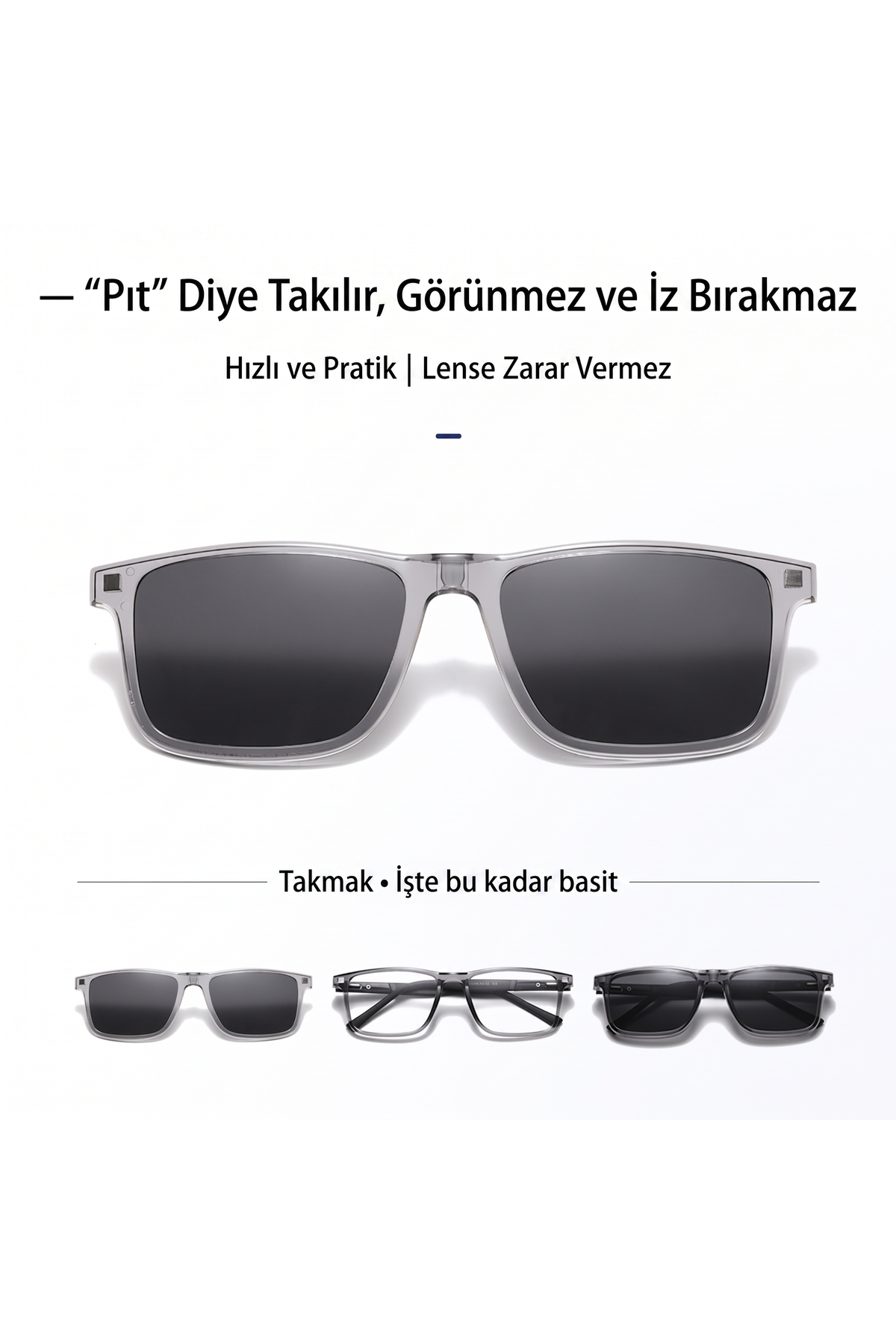 FIVIONT 5+1 Manyetik Klipsli Polarize Gözlük Seti, Şeffaf Gri Dikdörtgen Optik Çerçeve, 5 Değiştirilebilir Renkli Güneş Klipsi, Unisex görsel 2