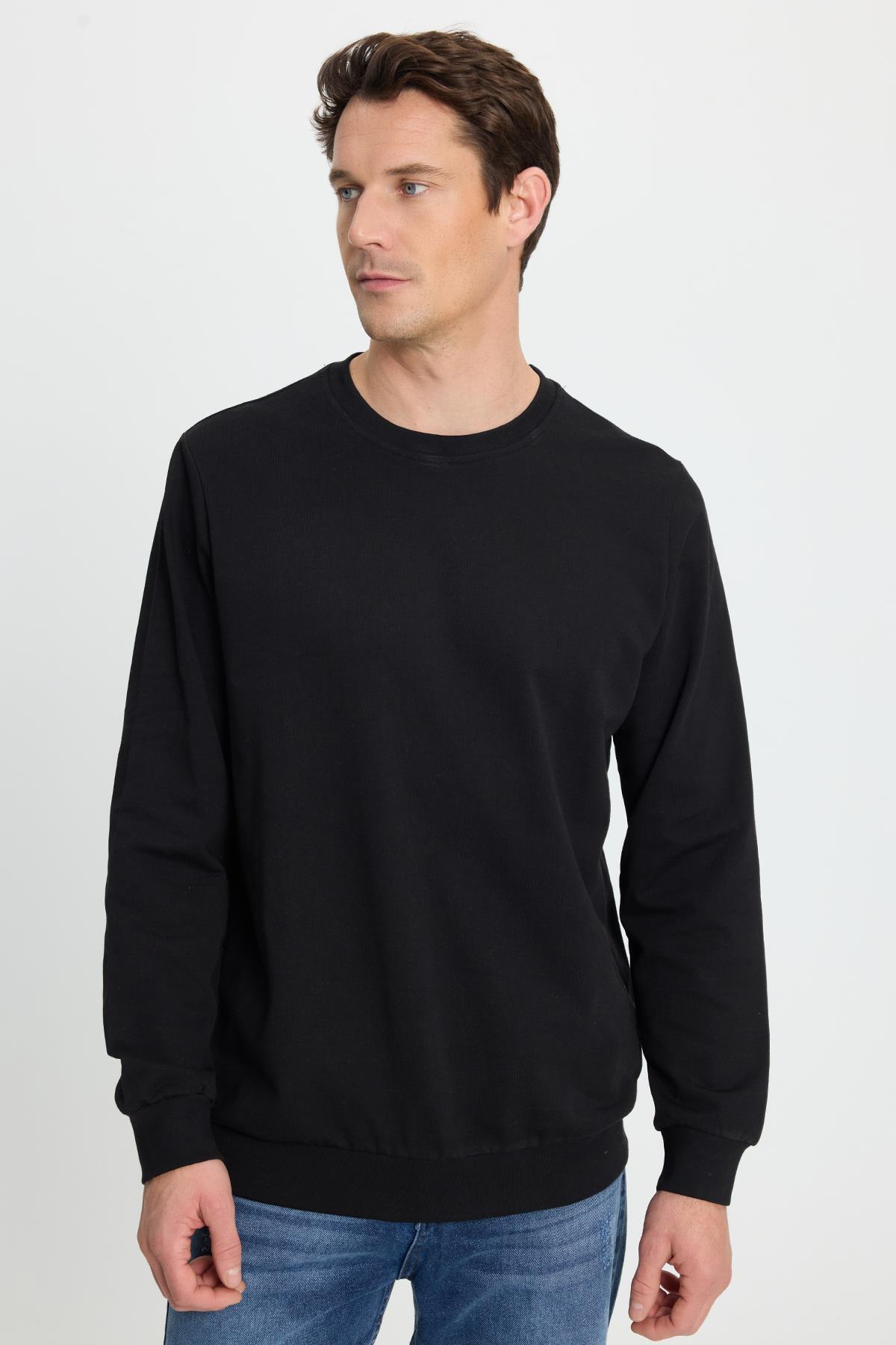 Tudors Erkek Relax Fit Rahat Kesim %100 Pamuk 2 İplik Bisiklet Yaka Siyah Sweatshirt görsel 4