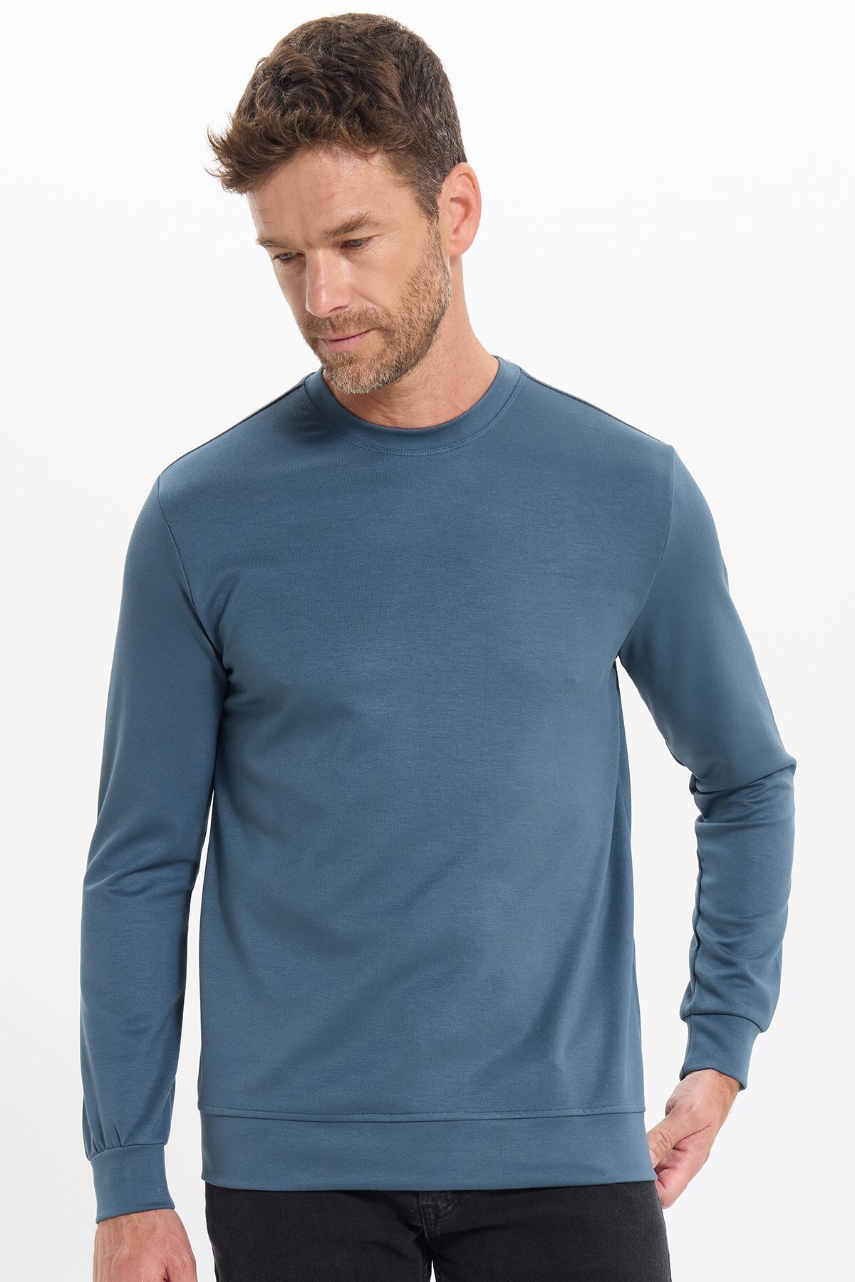 سویشرت مردانه Relax Fit Casual Cut Extra Soft Fabric یقه خدمه بنزینی تیره — رنگارنگ SW250047 — تصویر 4 از 9