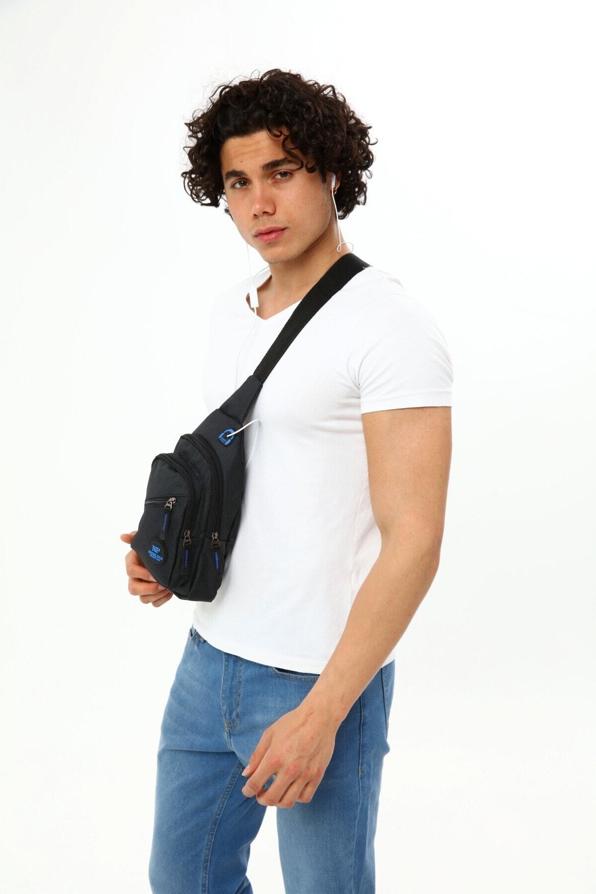 AVCA Unisex Çapraz Askılı Çanta Göğüs Çantası Tek Kol Omuz Çanta Kulaklık Çıkışlı Bodybag Günlük görsel 8