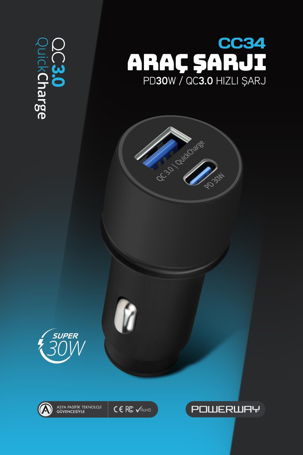 Powerway Cc34 Araç Içi Çakmaklık Hızlı Şarj Cihazı | 30w Pd Qc 3.0