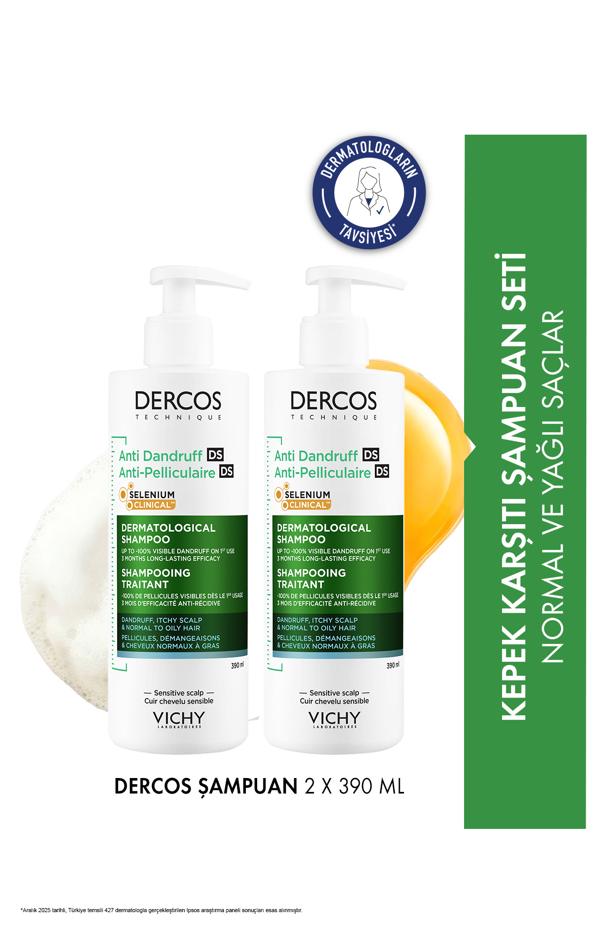 Vichy ویشی Dercos Normal ve Yağlı Saçlar için Salisilik Asit İçeren Kepek Karşıtı Şampuan 390 ml X 2 Adet — 8681689315023