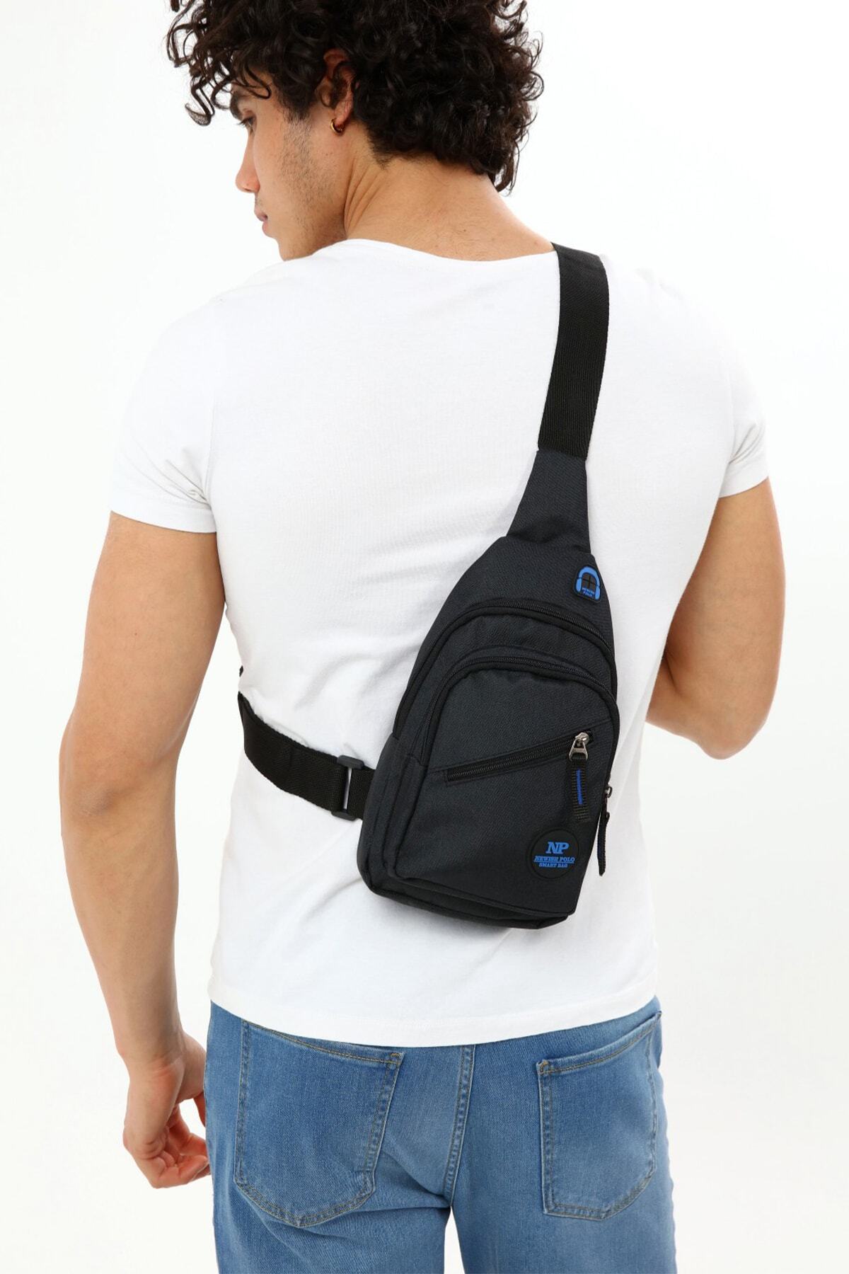 AVCA Unisex Çapraz Askılı Çanta Göğüs Çantası Tek Kol Omuz Çanta Kulaklık Çıkışlı Bodybag Günlük görsel 3