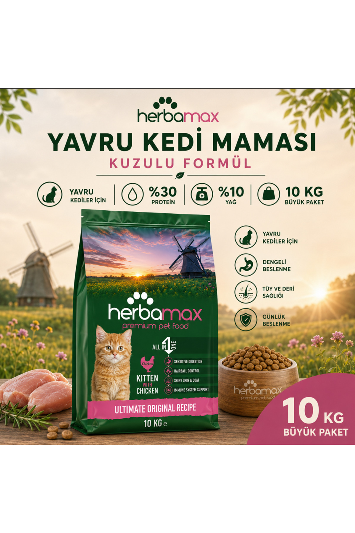 HerbaMax Gelişim Destekleyici Etkisi Ile Tavuklu Yavru Kedi Maması 10kg