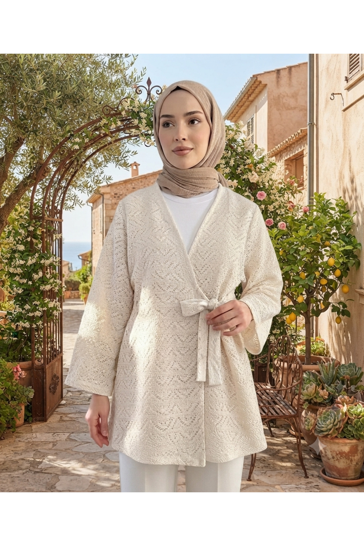 lillia kids Bej Dantel Pens Detaylı Kimono Ceket - Beli Bağlamalı Vintage Tasarım görsel 3